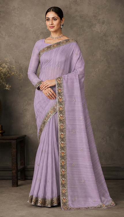 Soft Tissue Saree with Kardhana Pearl Work and Mahbubani Border -  Lavender