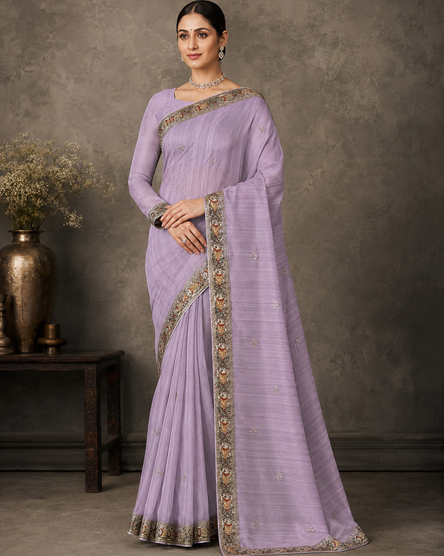 Soft Tissue Saree with Kardhana Pearl Work and Mahbubani Border -  Lavender