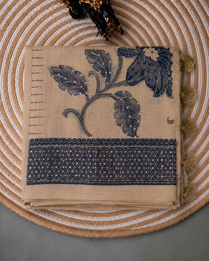 Linen Saree with Floral Print French Knot Work and Kantha Work - Beige & Blue
