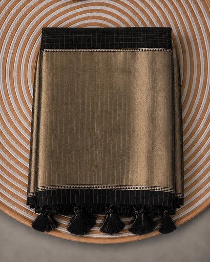 Kora Saree All over Check Design With Golden Border - Black
