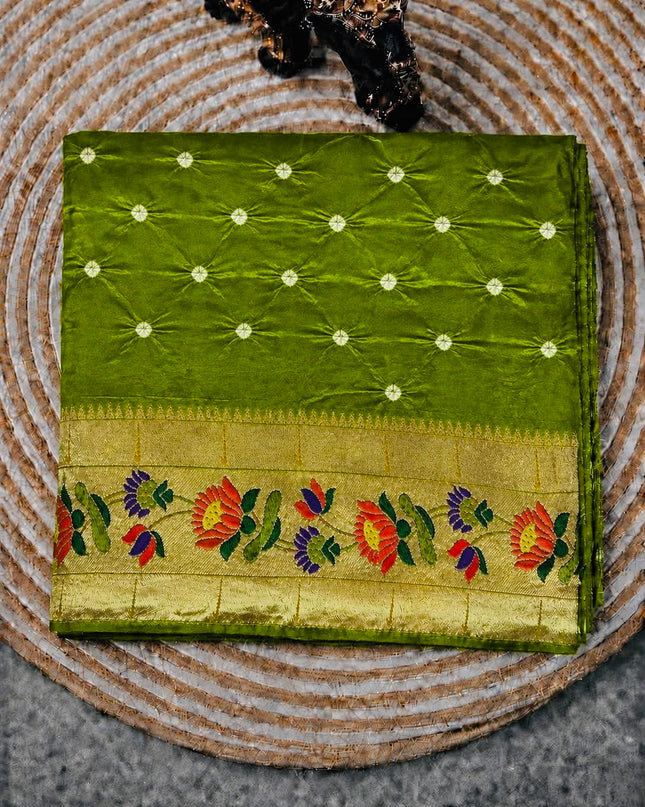 Bhandni Saree with Paithani Saree Border - Green