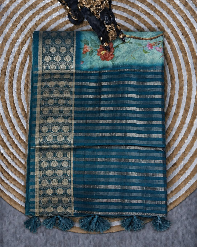 Mysore Crape Saree with Floral Print Contrast  Border - Sky  Blue