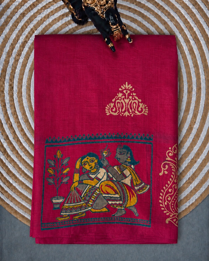 Pure Silk Saree With All Over Block Print  Kalmkari Border - Pink