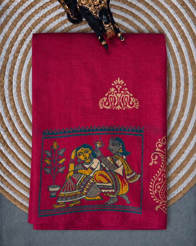 Pure Silk Saree With All Over Block Print  Kalmkari Border - Pink