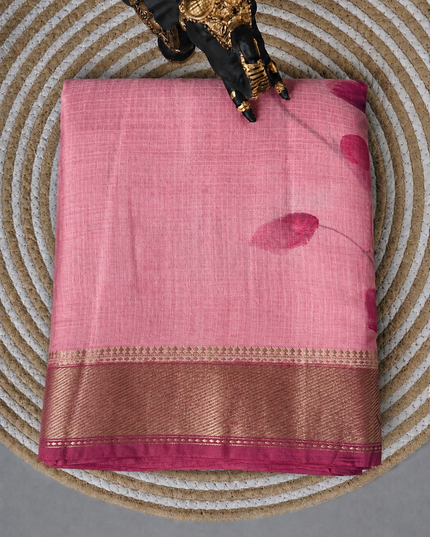 Munga Silk Saree With Floral Print and Kaddi Border - Pink