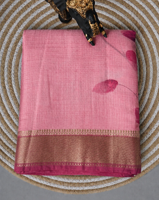 Munga Silk Saree With Floral Print and Kaddi Border - Pink