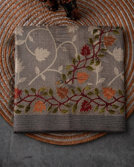 Tusser Silk Saree With Ari work and Floral Print and Contrast  Border - Grey