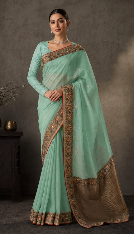 Soft Tissue Saree with Kardhana Pearl Work and Mahbubani Border - Sea Green