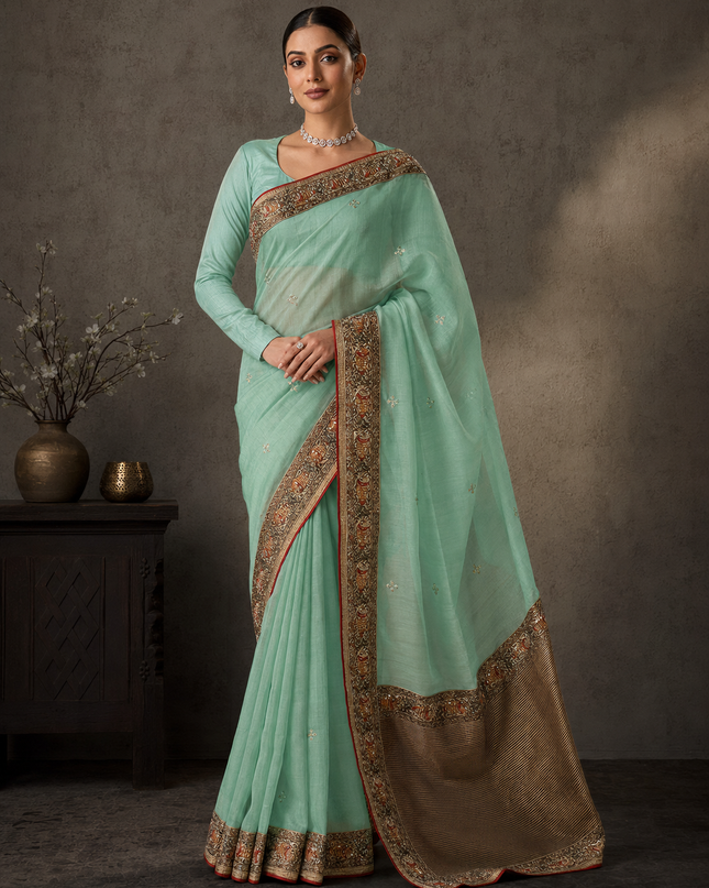 Soft Tissue Saree with Kardhana Pearl Work and Mahbubani Border - Sea Green