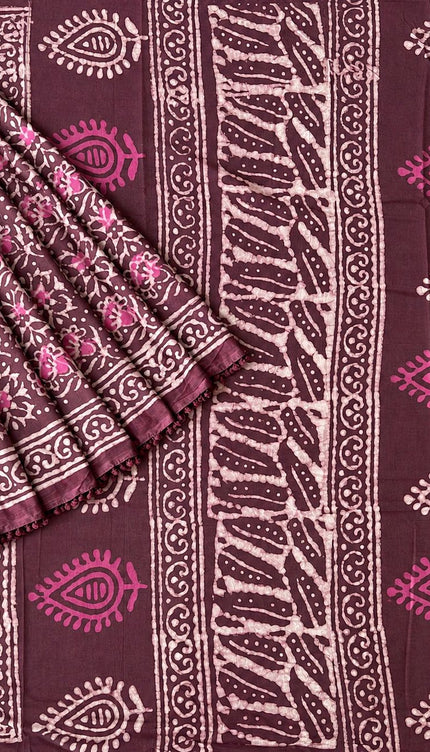 Mul Cotton Saree with Hand Block Print Lace Border- Onion Pink