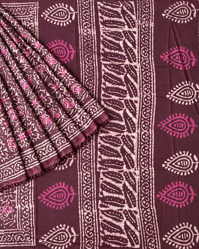 Mul Cotton Saree with Hand Block Print Lace Border- Onion Pink