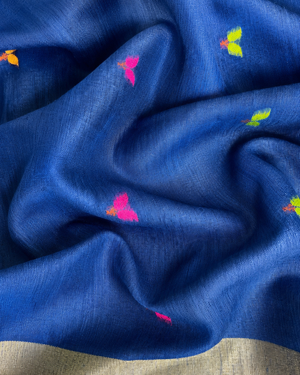 Jute Tusser Saree  with All over Sequence Work and Golden Border - Navy