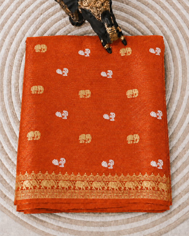 Munga Silk Saree With Gold and Silver Peacock and Elephant Butties Golden  Zari Elephant Design  Border - Orange