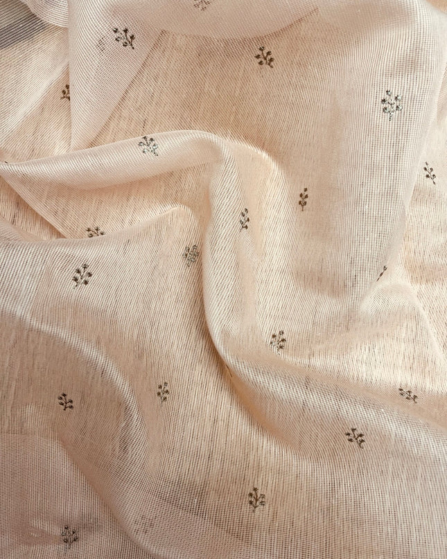 Silk Kota Saree with Floral Print and Thread Embroidery work Border with Lace - Tan