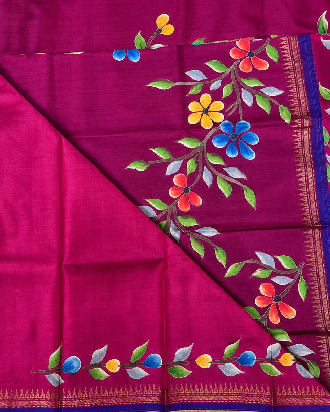 Pure Silk Saree With All Over Hand painting and Golden Zari weaving Temple Design  Border - Light Pink