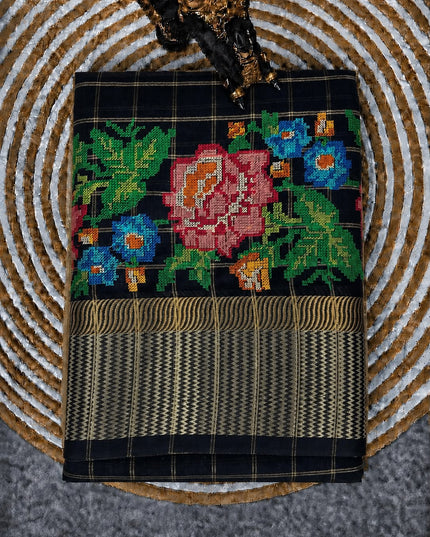 Chanderi Silk saree Cross Stich Work and Golden Border - Navy
