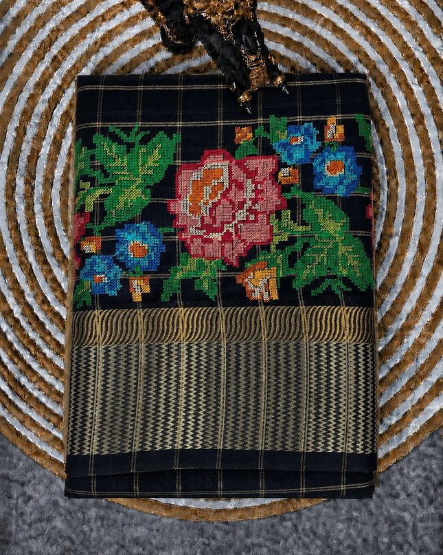 Chanderi Silk saree Cross Stich Work and Golden Border - Navy