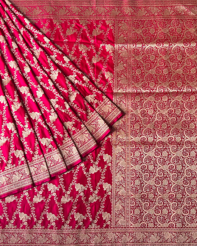 Banaras saree with All over Antic Zari Weaving Jall Design and Zari Antic Border - Pink