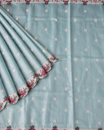Linen Tissue Saree with square boxes Butties and Cross stich Scallop Border - Sky Blue