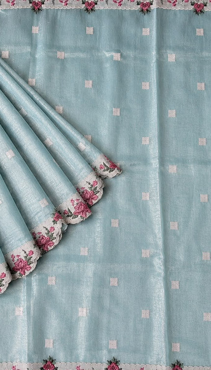 Linen Tissue Saree with square boxes Butties and Cross stich Scallop Border - Sky Blue