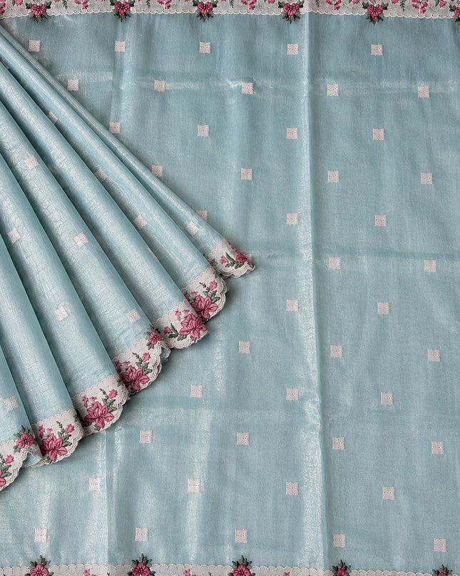 Linen Tissue Saree with square boxes Butties and Cross stich Scallop Border - Sky Blue