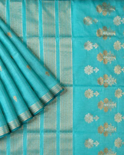 Kora  Silk Saree with Self Weaving Floral Design -  Sky Blue