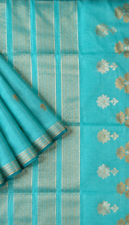 Kora  Silk Saree with Self Weaving Floral Design -  Sky Blue