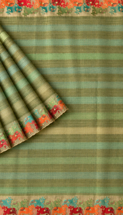 Linen Tissue Saree with Multi Stripes and Pichwai Border - light Green