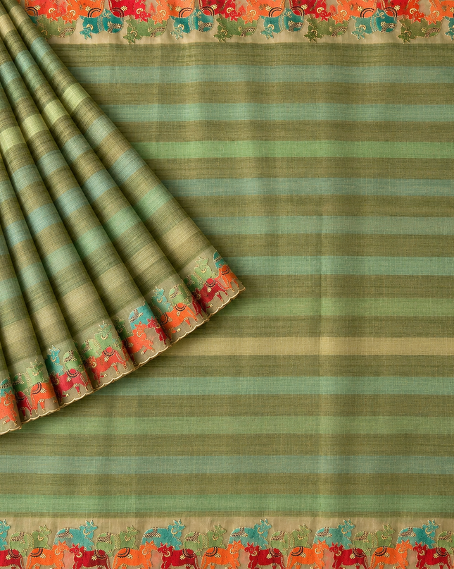 Linen Tissue Saree with Multi Stripes and Pichwai Border - light Green