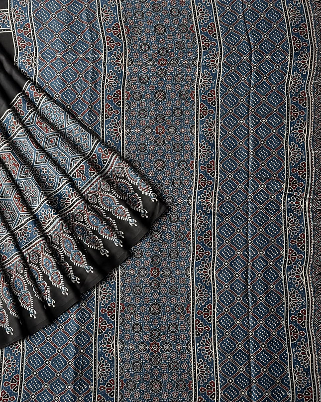 Modal silk saree with ajrakh Design and  Contrast Border - Peacock Blue