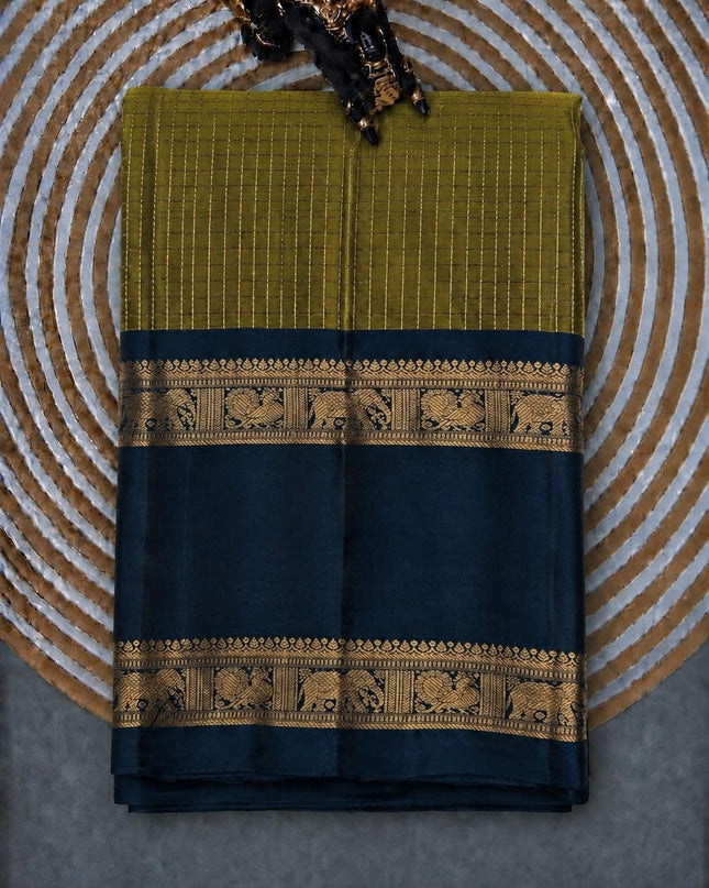 Pure Kanchi Pattu Saree With Allover Checks And Gap Border - Mehandi Green
