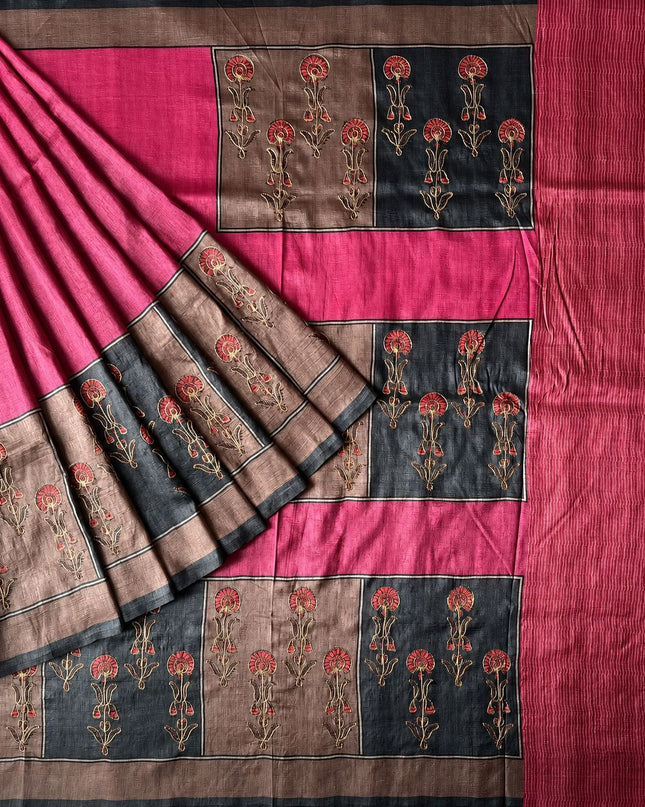 Tusser Saree With Floral Print With Ari Work  Contrast Border -Pink