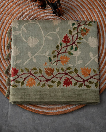 Tusser Silk Saree With Ari work and Floral Print and Contrast  Border - Light Green