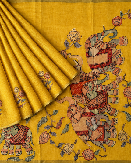 Linen Tissue Saree With Applique Work small Zari Border - Yellow