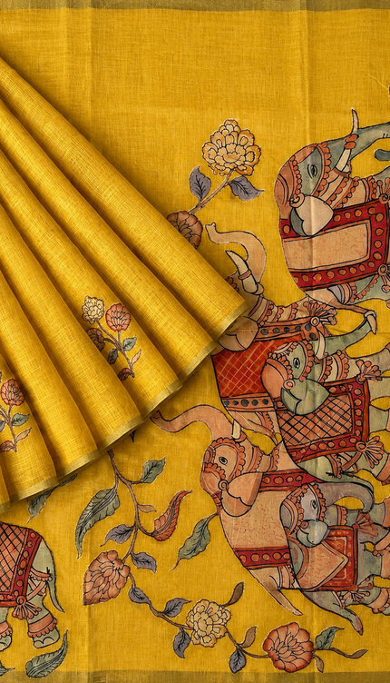 Linen Tissue Saree With Applique Work small Zari Border - Yellow