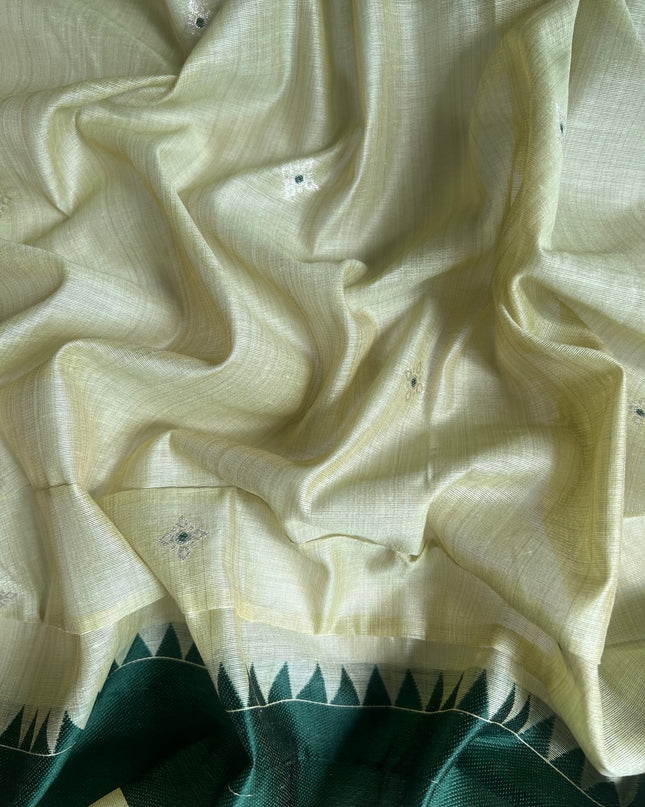 Cotton Chanderi Jamdani Saree with Self Weaving Floral Design - Green