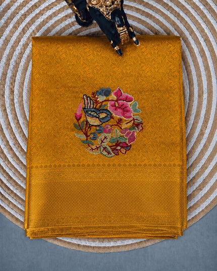 Banaras saree Self Weaving pet point  Work Butties and Kaddi Border - Mustard