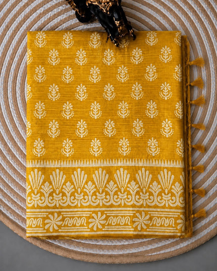Pure Silk Saree With All Over Block Print - Mustard