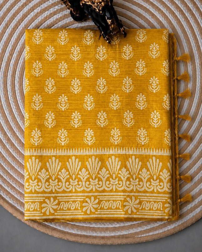 Pure Silk Saree With All Over Block Print - Mustard