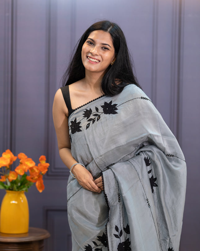 Russian Crepe Saree With Kardhana  Work  Lace Border - Grey