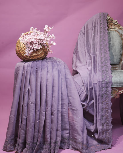 Mul Chanderi saree with Mirror work and lace Border - Purple