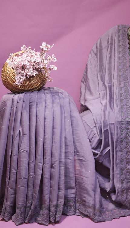 Mul Chanderi saree with Mirror work and lace Border - Purple