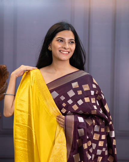 Banaras Silk Saree Gold & Silver Zari Butties and Border - Wine