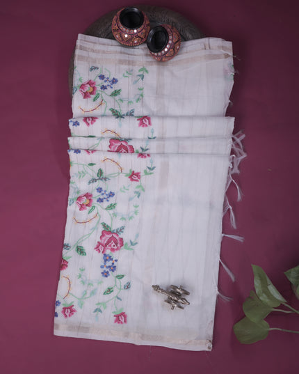 Soft chanderi silk saree with thread embroidery buttis - White