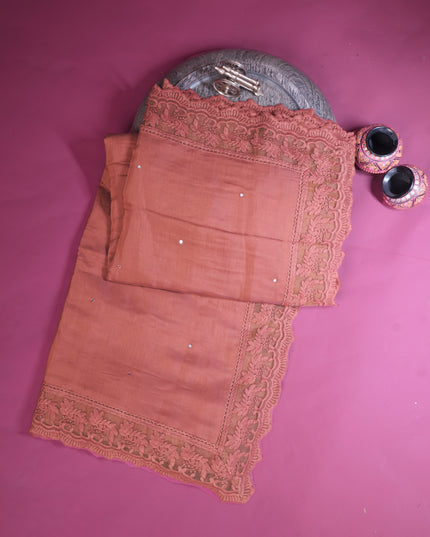 Mul Chanderi saree with Mirror work and lace Border -Rust