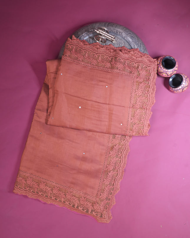Mul Chanderi saree with Mirror work and lace Border -Rust