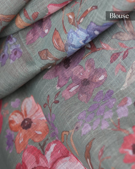 Linen silk saree floral Print contrast Border - Green