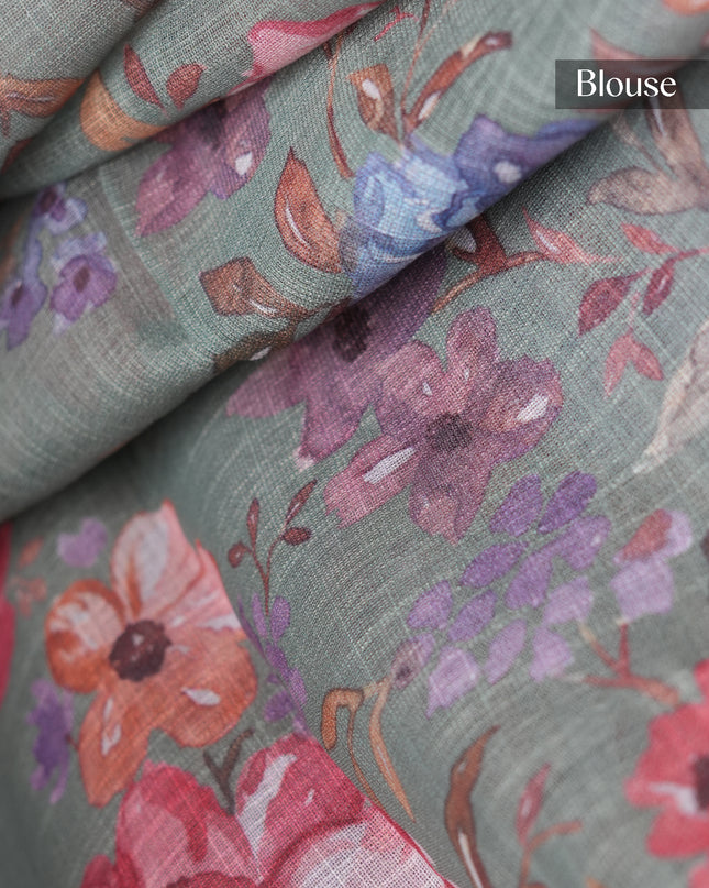 Linen silk saree floral Print contrast Border - Green
