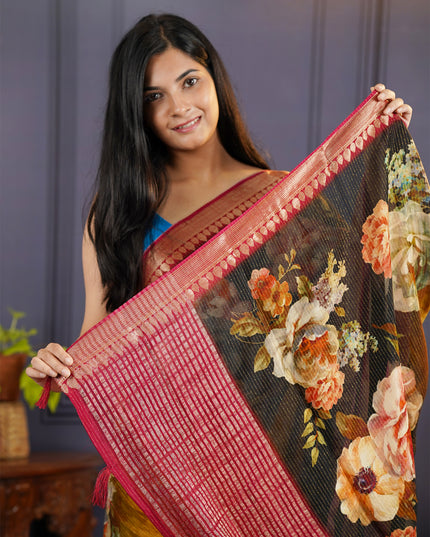 Korean crepe Saree with Floral Print With Golden Border- Mehandi Green