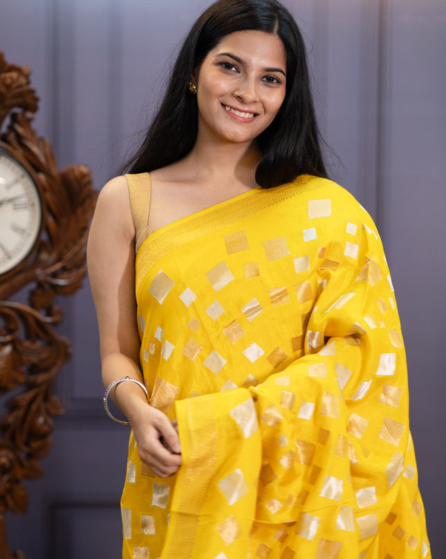 Banaras Silk Saree Gold & Silver Zari Butties and Border - Yellow